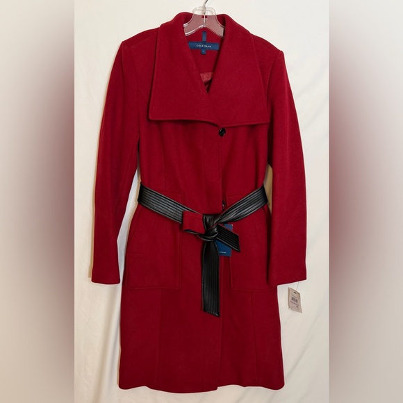 Cole Haan Women’s Belted Coat Wool with Cuff Details Size 6 Red
